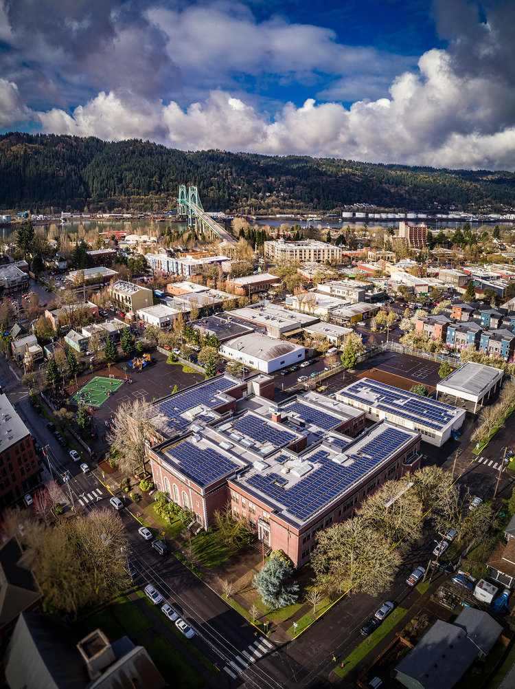 An aerial photograph of James John school with the St Johns bridge in the background.