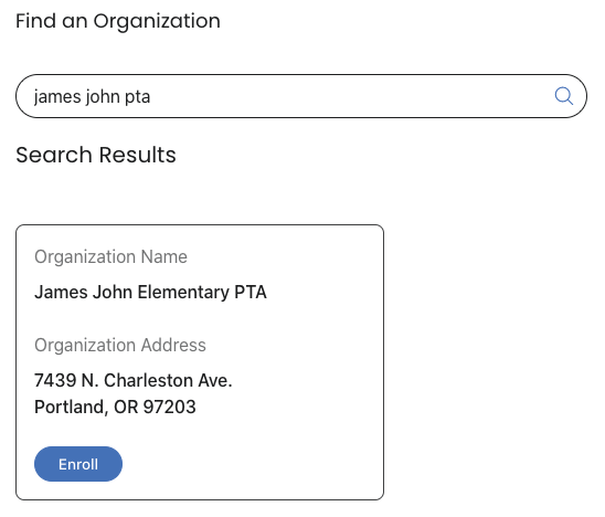 Screenshot of the Kroger Find An Organization page showing James John PTA in the search field and the PTA showing in the search results.